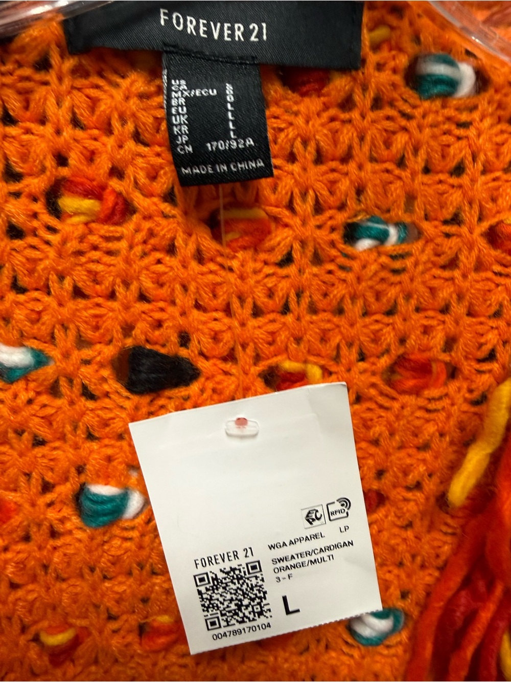 NWT Forever 21 Shag Fringe Cardigan Sweater Orange Multi Size Large - Picture 2 of 4